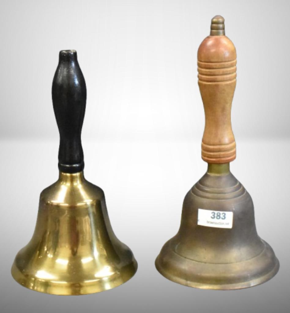(2) Brass school bells w/ wooden handles; 8" tall. Please use pictures as part of the description. (1 of 9)