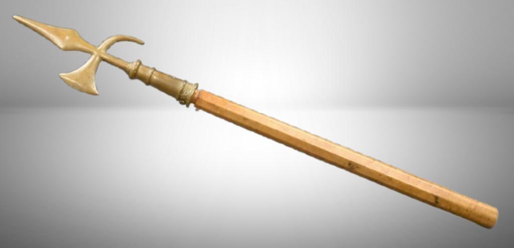 Halberd-type boarding axe w/ wooden handle, 26"l; . Please use pictures as part of the description. (1 of 8)