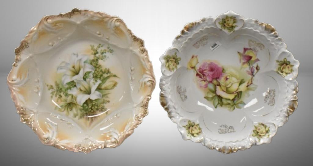(2) Handpainted porcelain 10.5"d floral bowls, 1 mrkd. RSP; . Please use pictures as part of the: (2) Handpainted porcelain 10.5"d floral bowls, 1 mrkd. RSP; . Please use pictures as part of the description. Brown Auction attempts to call any flaw that can affect the value of each piece. It is the
