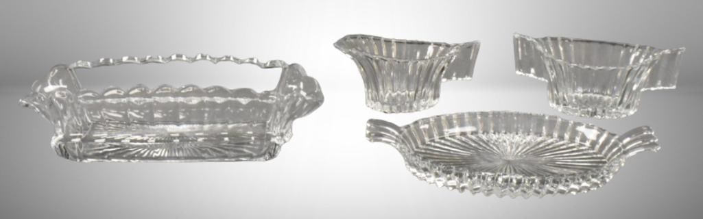 Mrkd. Heisey Ridgeleigh creamer/ sugar and tray set; 7.5"l x 3"w relish dish; . Please use pictures: Mrkd. Heisey Ridgeleigh creamer/ sugar and tray set; 7.5"l x 3"w relish dish; . Please use pictures as part of the description. Brown Auction attempts to call any flaw that can affect the value of eac