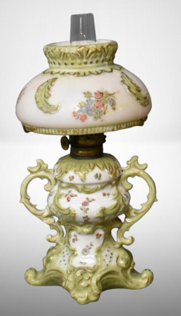 Dresden-style porcelain miniature oil lamp with embossed glass shade; . Please use pictures as part (1 of 11)