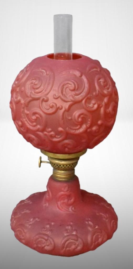 Junior Banquet Embossed Scrolls red satin glass oil lamp; 14" tall overall. Please use pictures as (1 of 12)
