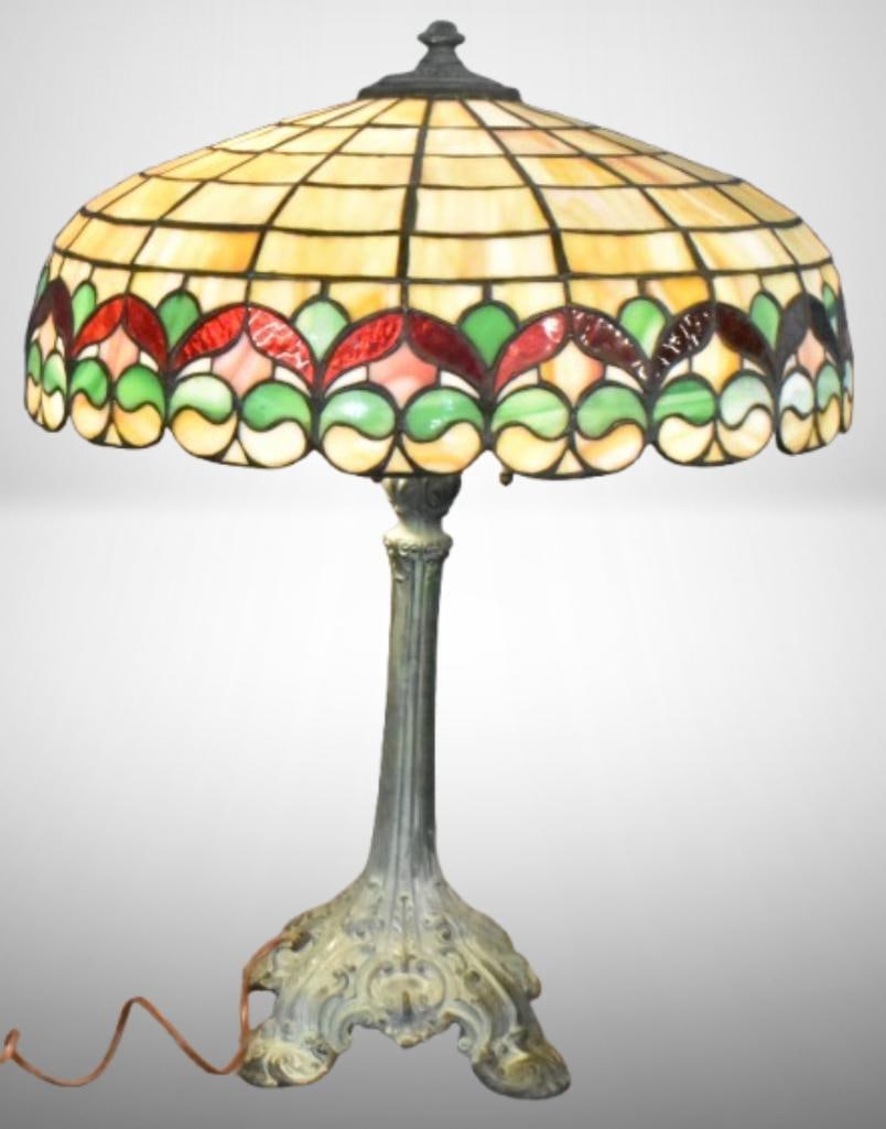 Leaded and Stained Glass electrified table lamp; very heavy cast iron base, shade is 18.5"d, lamps (1 of 15)