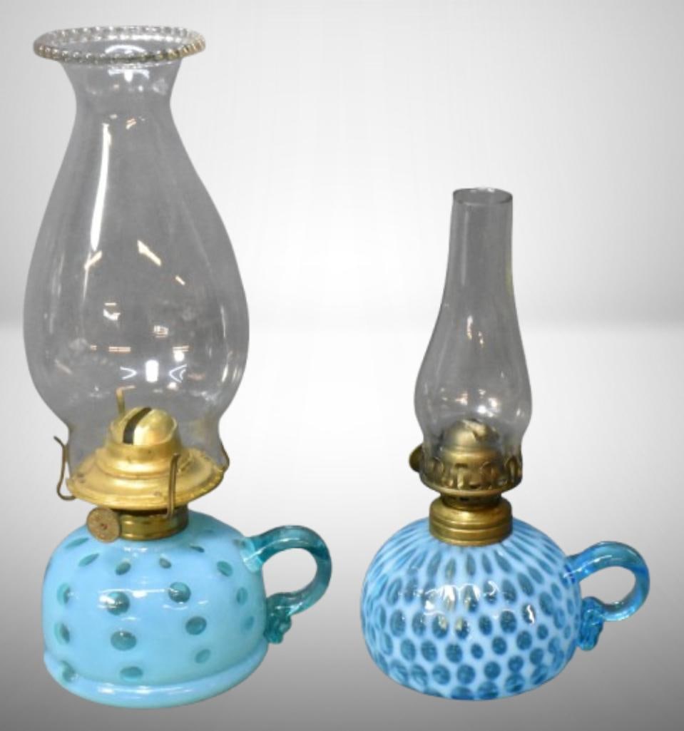 (2) Blue opalescent miniature oil lamps, 3" tall; 1-finger hold. Please use pictures as part of the (1 of 18)