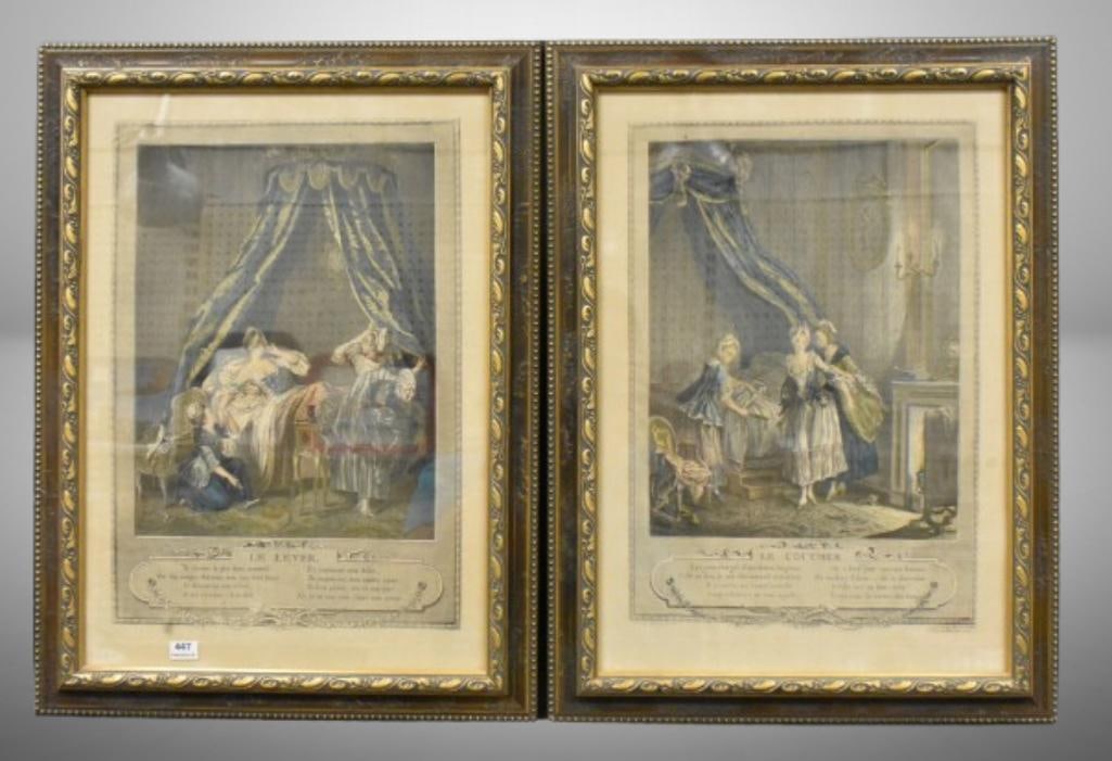 (2) Prints by artist Sigmund Freudenberger: Le Lever (The Rising) and Le Coucher (The Bedtime);: (2) Prints by artist Sigmund Freudenberger: Le Lever (The Rising) and Le Coucher (The Bedtime); framed size 14.5" x 20". Please use pictures as part of the description. Brown Auction attempts to call 