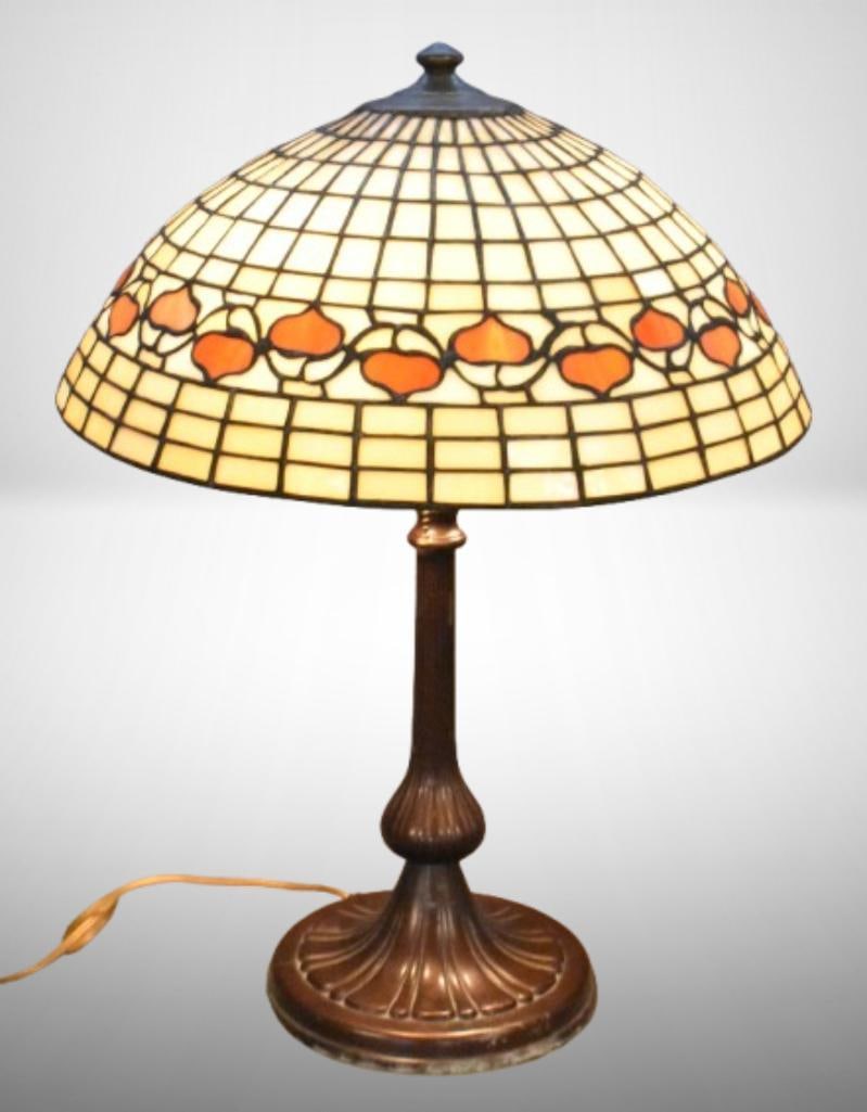 Mrkd. Handel 21" tall table lamp w/ leaded glass shade, earth tones (1 of 11)