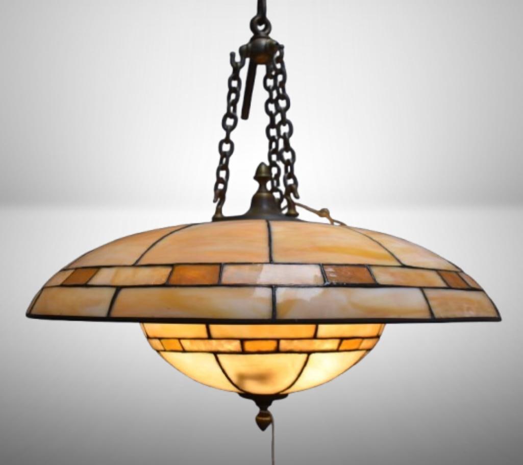 Art Deco hanging leaded glass lamp, flying saucer look (1 of 11)