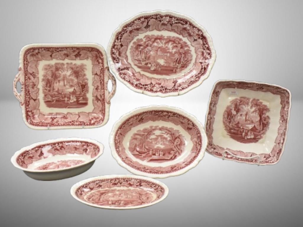 (6) Vista by Mason's England Transferware pcs. Incl. square tray, platters and bowls, red (1 of 20)