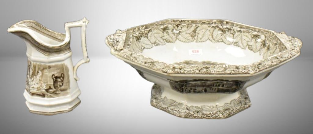 (2) Brown Transferware pcs: 8-sided pedestal bowl, Vista/ Shelton, 12"d x 4"h; 5" cream pitcher: (2) Brown Transferware pcs: 8-sided pedestal bowl, Vista/ Shelton, 12"d x 4"h; 5" cream pitcher; . Please use pictures as part of the description. Brown Auction attempts to call any flaw that can affe