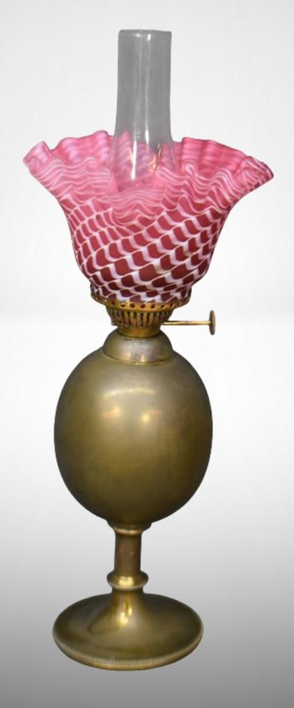 J. Hinks and Son brass/ copper kerosene lamp w/ cranberry opal. Nailsea shade (1 of 14)