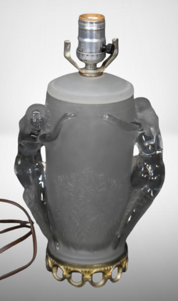 Art Deco mrkd. Aladdin Lady lamp w/ bronze base, dbl. nudes, frosted and clear glass (1 of 10)