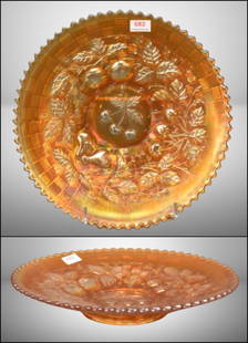 Northwood Carnival Glass Three Fruits/ Basketweave 9"d ftd. bowl, marigold: Northwood Carnival Glass Three Fruits/ Basketweave 9"d ftd. bowl, marigold; . Please use pictures as part of the description. Brown Auction attempts to call any flaw that can affect the value of each