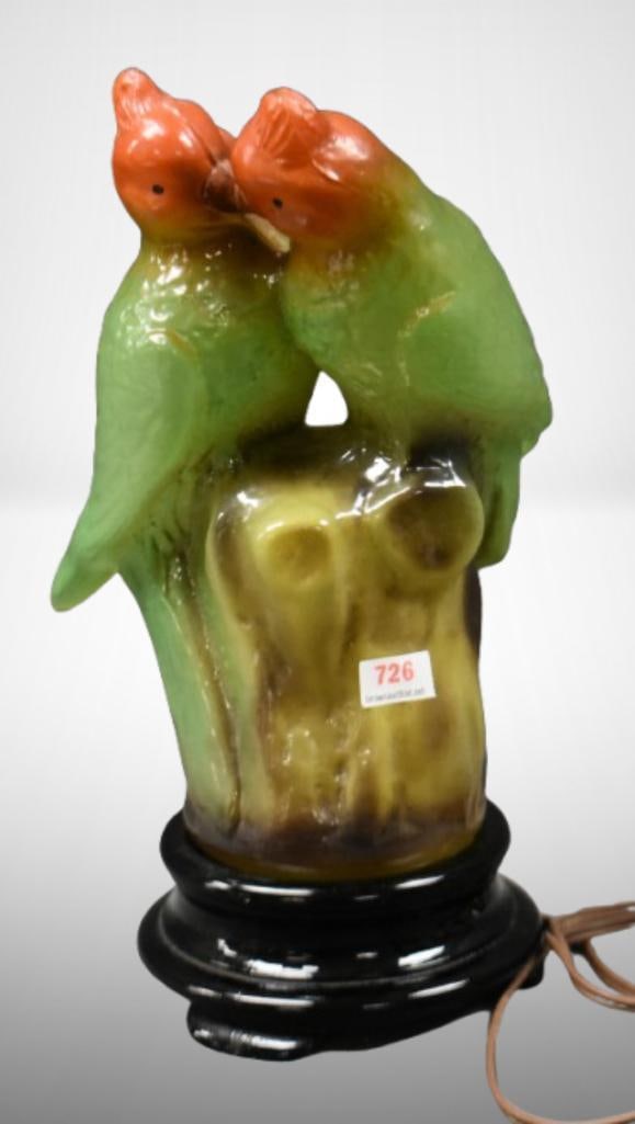 1920's Tiffin Glass figural Lovebirds 10.5"h lamp - works!: 1920's Tiffin Glass figural Lovebirds 10.5"h lamp - works!; . Please use pictures as part of the description. Brown Auction attempts to call any flaw that can affect the value of each piece. It is the