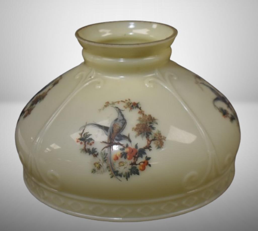 Custard lt. yellow lamp shade w/ colorful peacock on 4 panels: Custard lt. yellow lamp shade w/ colorful peacock on 4 panels; fits Coleman Aladdin 10". Please use pictures as part of the description. Brown Auction attempts to call any flaw that can affect the val