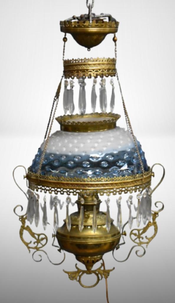 Victorian hanging parlor lamp, shade is blue to frosted white Hobnail pattern (electrified) (1 of 18)