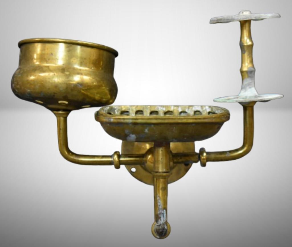 Brass wall mounted bathroom accessory holder incl. cup holder/ soap dish w/ removabe trainer and (1 of 5)