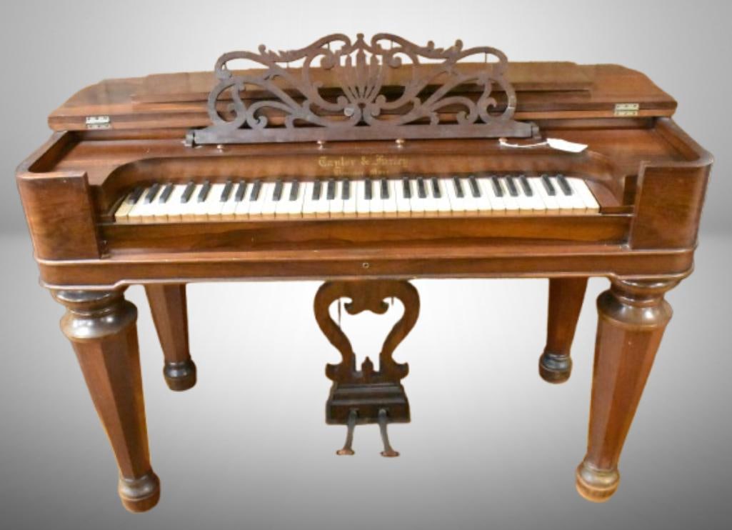 Rosewood Taylor and Farley pedal melodeon, 47"w x 24" deep x 32" tall: Rosewood Taylor and Farley pedal melodeon, 47"w x 24" deep x 32" tall; non-functioning, bellows appear ok but pump rods are missing. Please use pictures as part of the description. Brown Auction attem