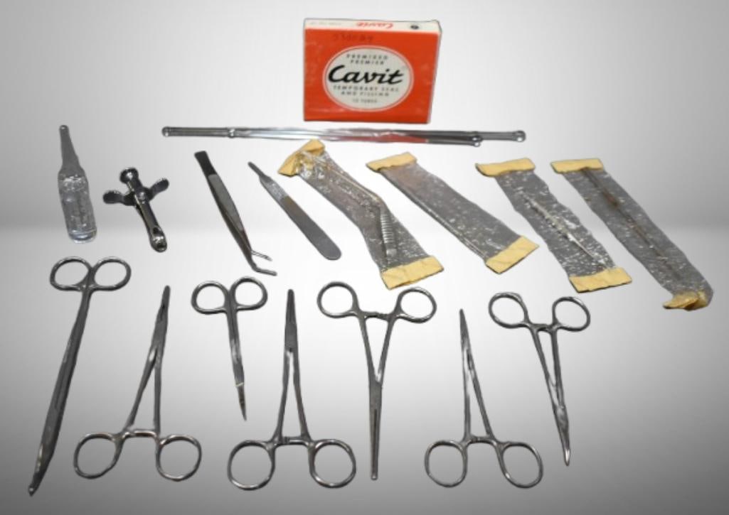Box lot assortment surgical tools incl. Cavit boxed temporary seal and filling cavities, clamps, (1 of 19)