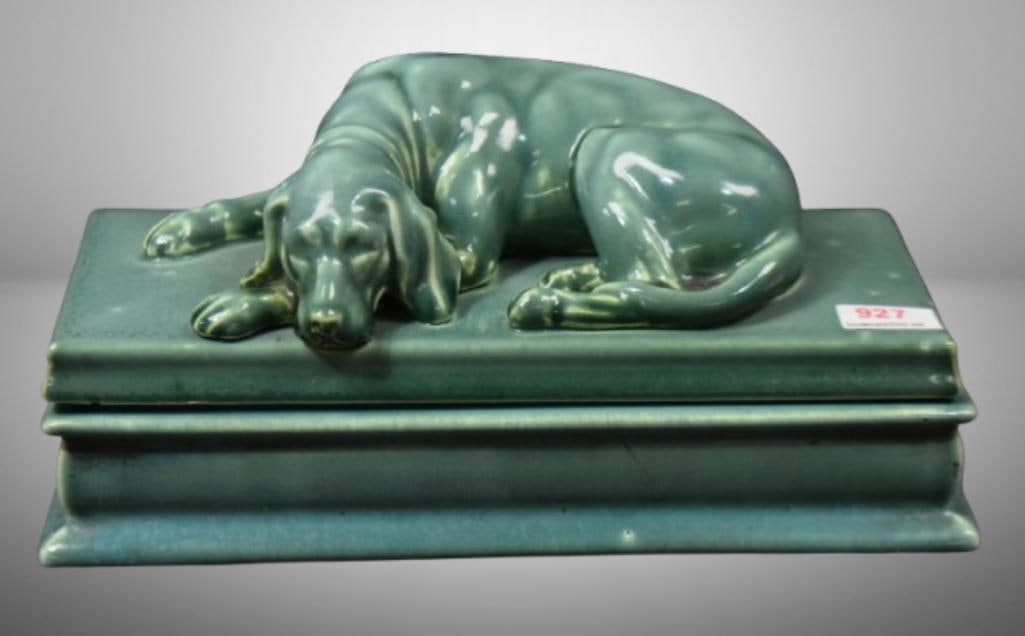 Mrkd. Mosaic Tile Co.cov. box with sleeping dog, green (1 of 14)