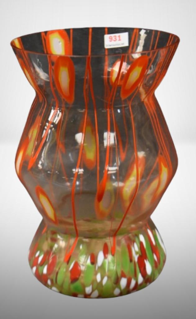 Czechoslovakian 8.5" vase, oranges/ reds/ yellows and greens on clear ground (1 of 6)