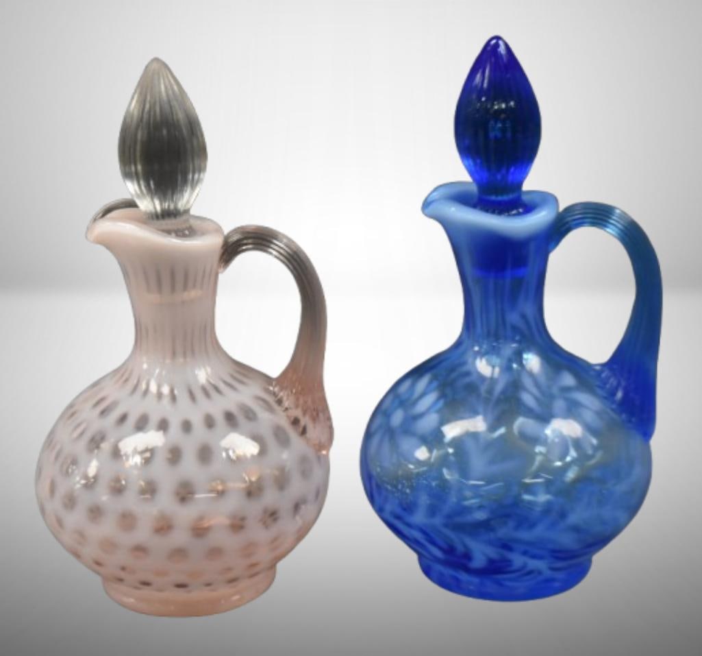 (2) Mrkd.Fenton opalescent cruets: blue Daisy and Fern; pink Baby Coinspot (1 of 12)