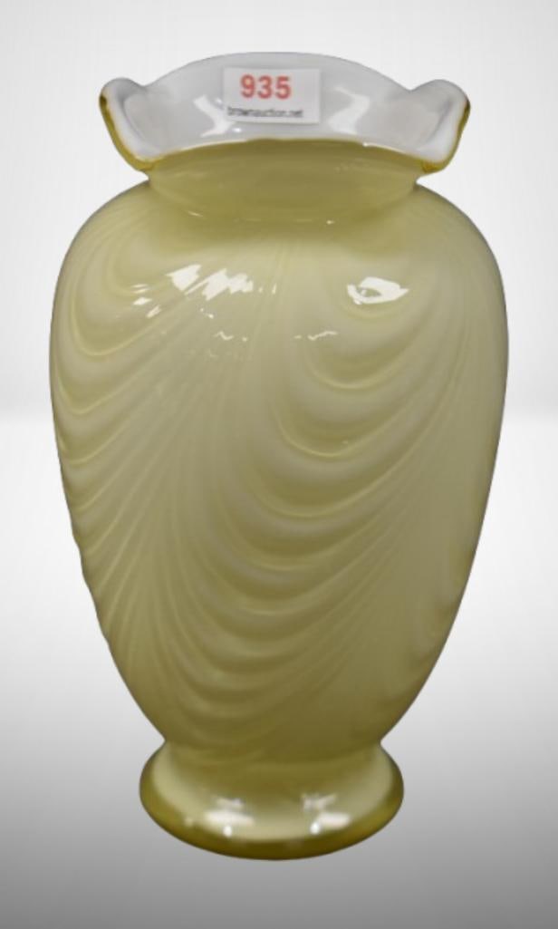 Fenton yellow overlay cased Feather 7" vase (1 of 7)