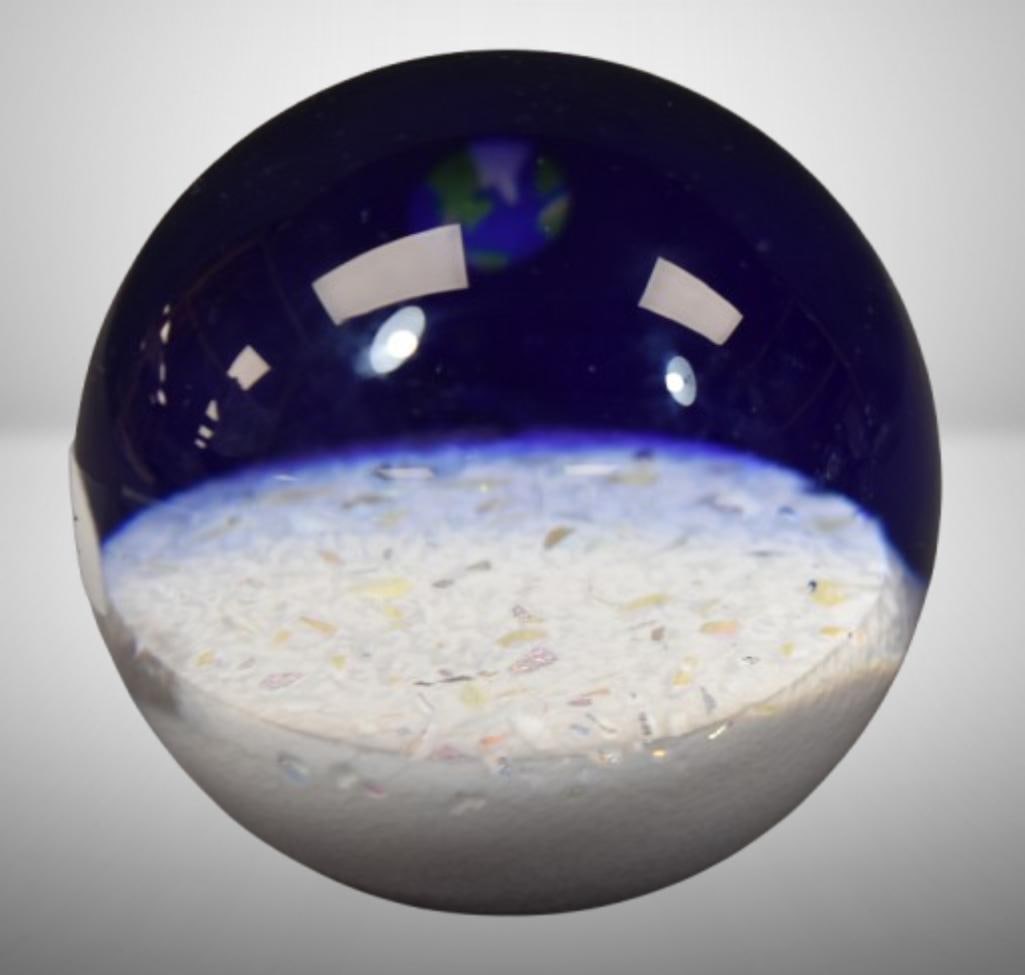 Glass Eye Studio Earth Rising paperweight: Glass Eye Studio Earth Rising paperweight; 3.25" tall. Please use pictures as part of the description. Brown Auction attempts to call any flaw that can affect the value of each piece. It is the buyer'