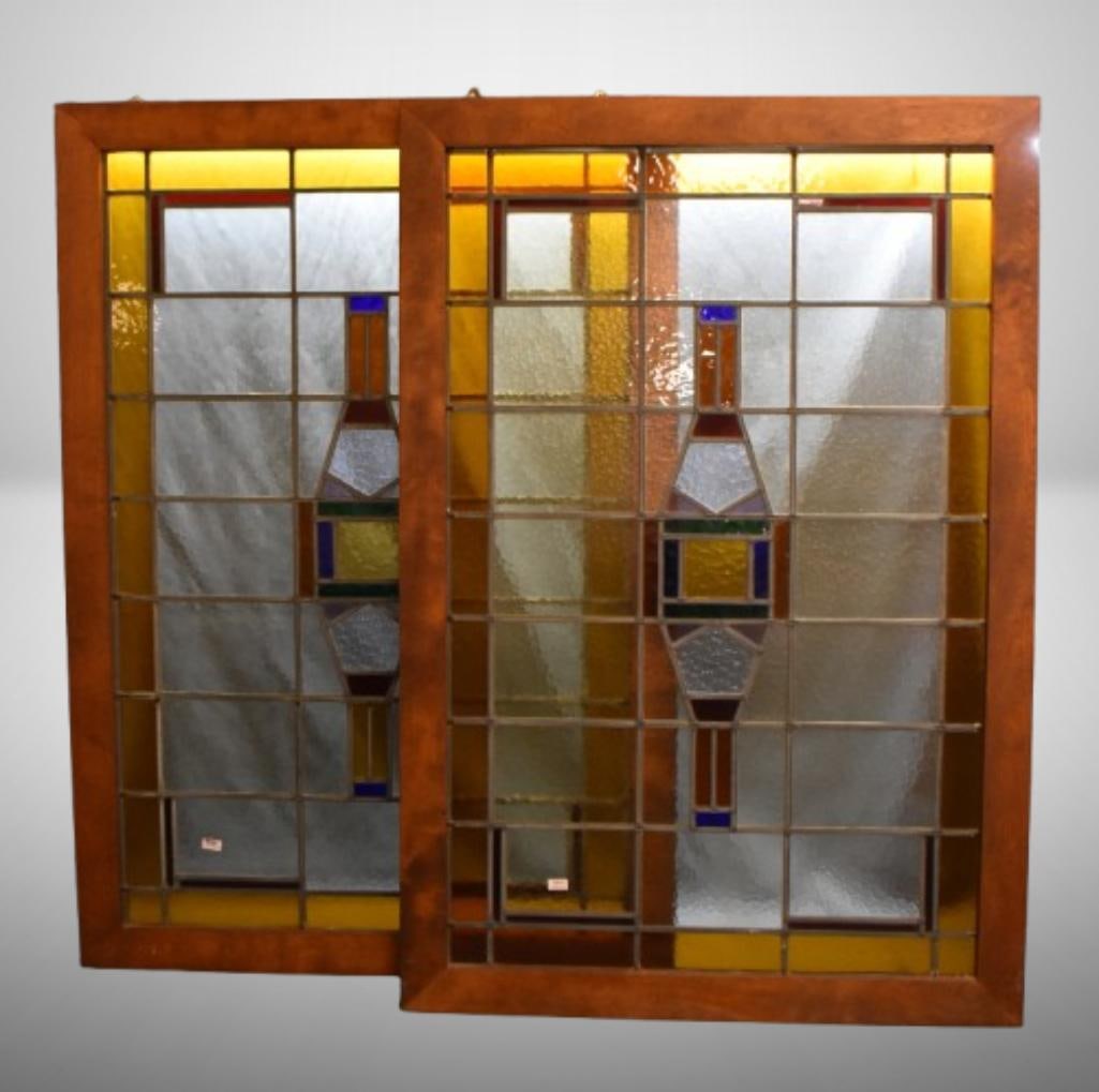 (2) Matching stained leaded glass windows - earth tones, clear and cobalt colors (1 of 8)