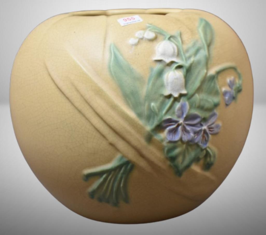 Mrkd. Weller Lily of the Valley bowl/ vase, cream: Mrkd. Weller Lily of the Valley bowl/ vase, cream; 9" tall. Please use pictures as part of the description. Brown Auction attempts to call any flaw that can affect the value of each piece. It is the b