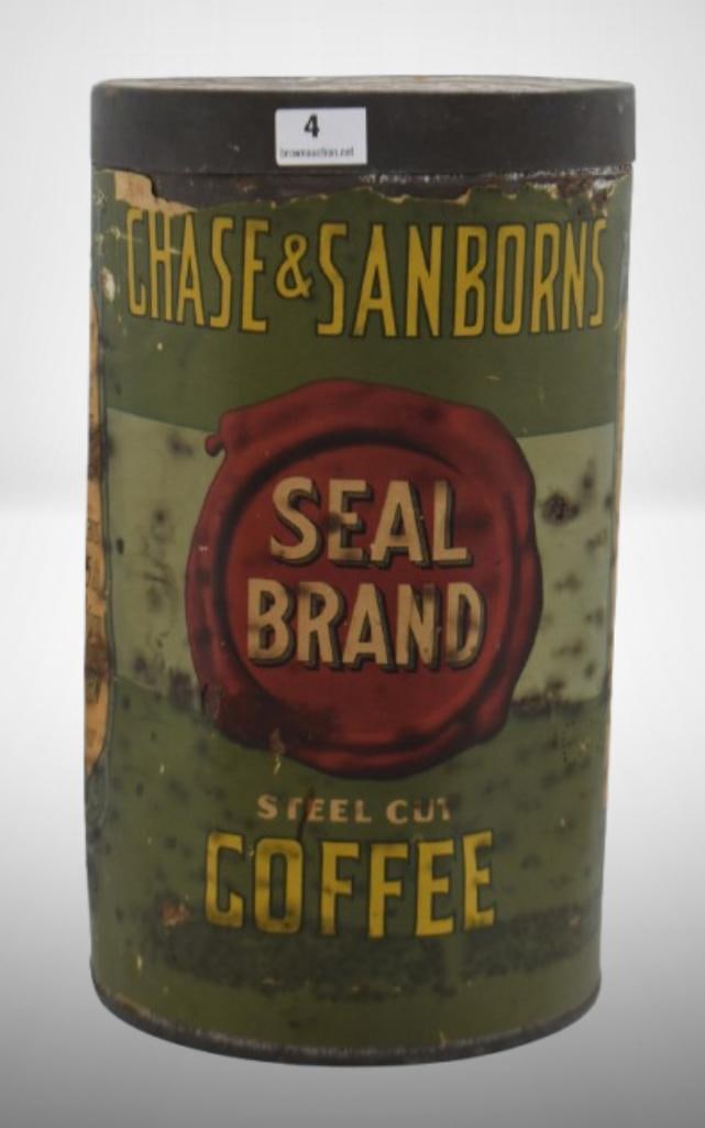 Chase and Sanborns Seal Brand steel cut coffee can w/ lid: Chase and Sanborns Seal Brand steel cut coffee can w/ lid; 9.5" tall; Items as pictured