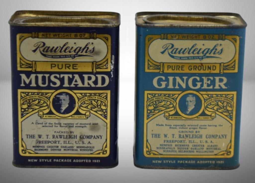 (2) Old Rawleigh's 8 oz. spice tins - Ginger and Mustard: (2) Old Rawleigh's 8 oz. spice tins - Ginger and Mustard; 4.5"h; Items as pictured