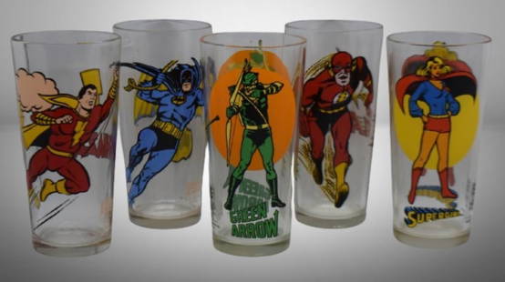 (5) 1971 Pepsi DC Comics Promotional drinking glasses - Batman, The Flash, Shazam, Green Arrow,: (5) 1971 Pepsi DC Comics Promotional drinking glasses - Batman, The Flash, Shazam, Green Arrow, Superman ; 6.25" tall; Items as pictured