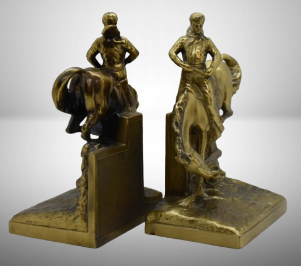 Pair of solid cast brass bucking horse and rider bookends by PM Craftsman (1 of 11)