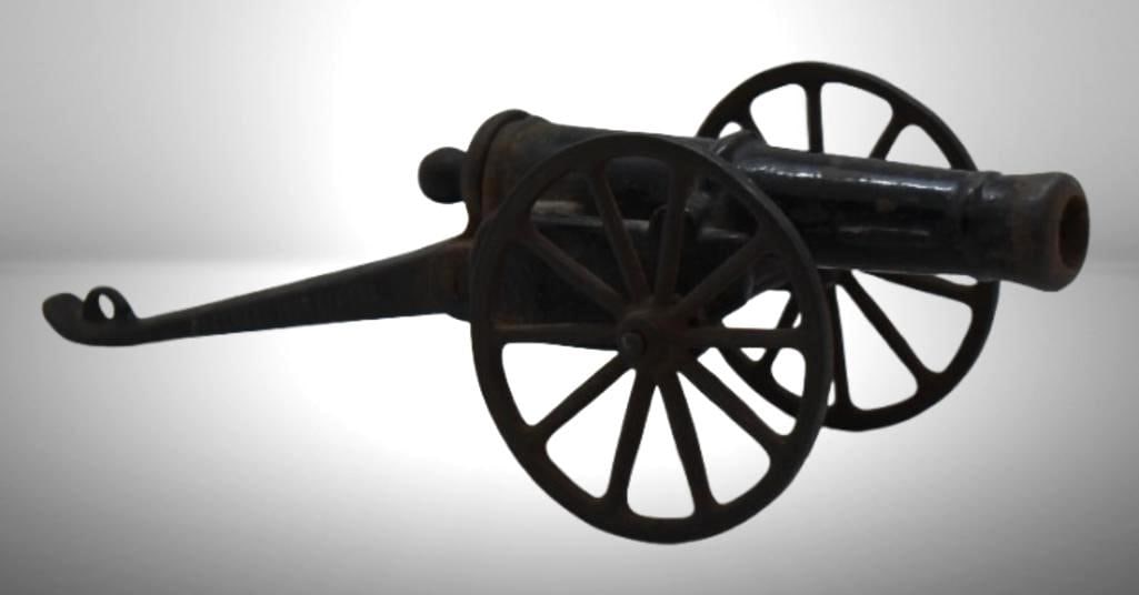 Cast Iron firecracker cannon, Pat'd. 1887: Cast Iron firecracker cannon, Pat'd. 1887; 9.5"l x 3" tall; Items as pictured
