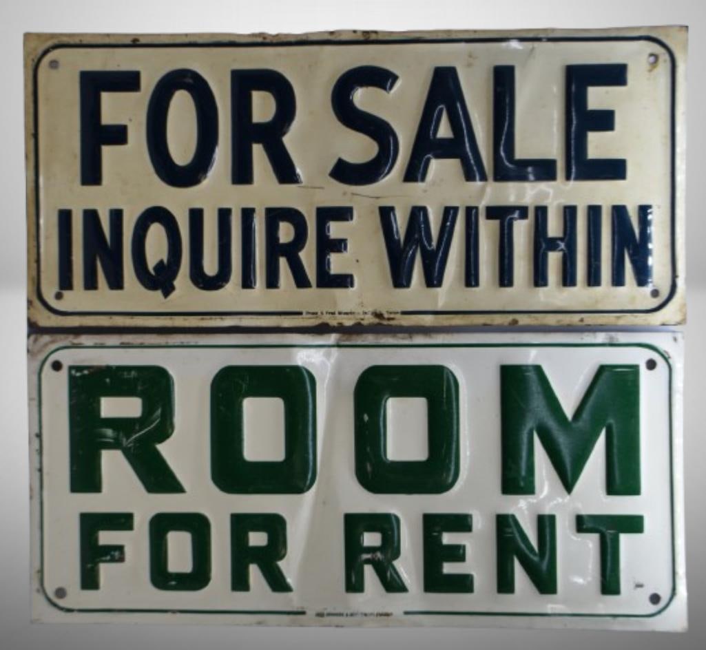 (2) Embossed metal signs: Room for Rent and For Sale/ Inquire Within (1 of 7)