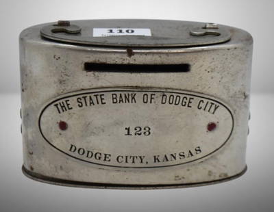 "The State Bank of Dodge City", #123, Dodge City, KS still coin bank (no key): "The State Bank of Dodge City", #123, Dodge City, KS still coin bank (no key); 3.5"w x 2.5" tall; Items as pictured