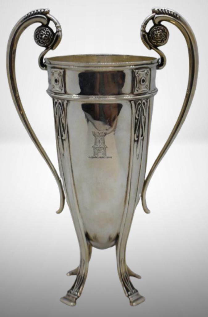 English Goldsmiths and Silversmiths Co. Sterling 9.75"h 2-handled cup or trophy, inscribed along (1 of 14)