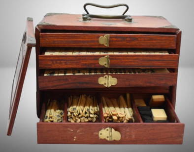Antique Chinese Mahjong set in original wooden carry case: Antique Chinese Mahjong set in original wooden carry case; case meas. 9.5" x 6.5" x 6.25" tall; Items as pictured
