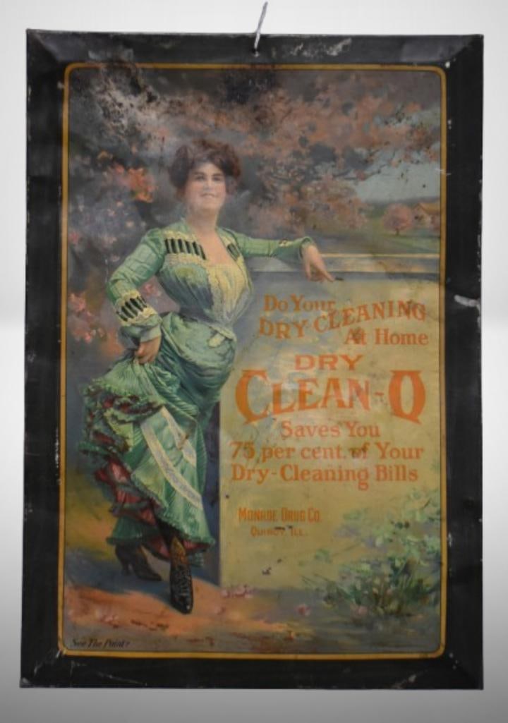 Vintage advertising self-framed tin sign - Dry Clean-Q, Monroe Drug Co., Quincy, Ill. (1 of 8)
