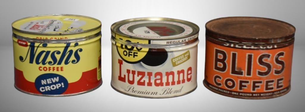(3) 1 lb. coffee cans: Nash's New Crop; Luzianne Premium Blend; Bliss (1 of 17)