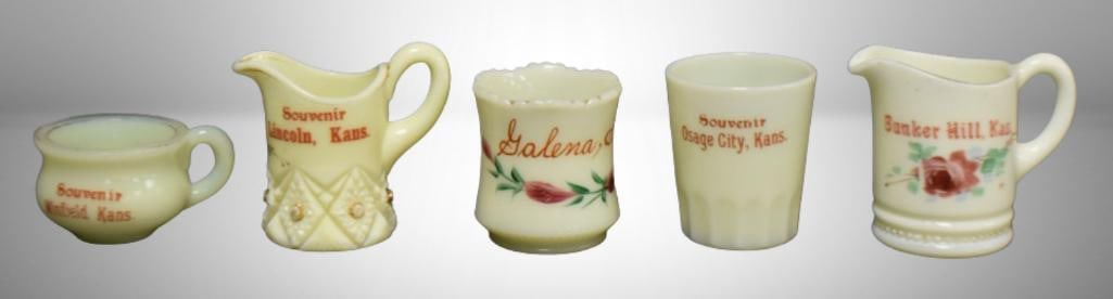(5) Souv. Kansas Custard glass advertising pieces: (2) 2.75" creamers - Bunker Hill and Lincoln; (2) (1 of 12)