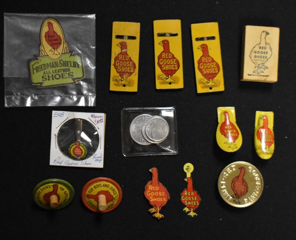 (14) Red Goose Shoes novelties incl. mini tops, pencil clip, eraser, tokens, etc.: (14) Red Goose Shoes novelties incl. mini tops, pencil clip, eraser, tokens, etc.; ; Items as pictured