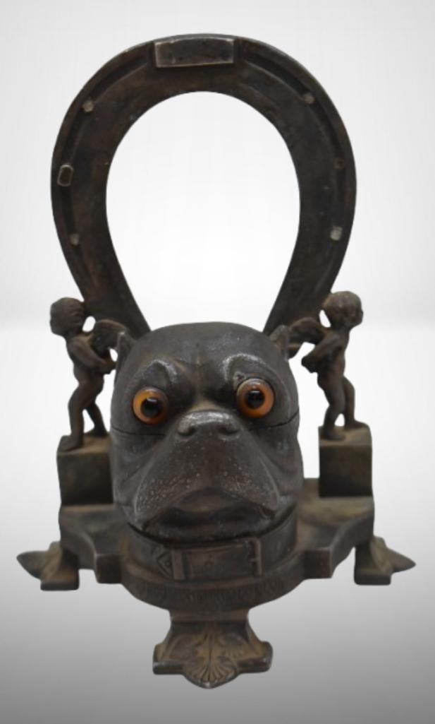 Cast Iron figural ink well featuring bulldog's head, horseshoe and cherubs (1 of 10)