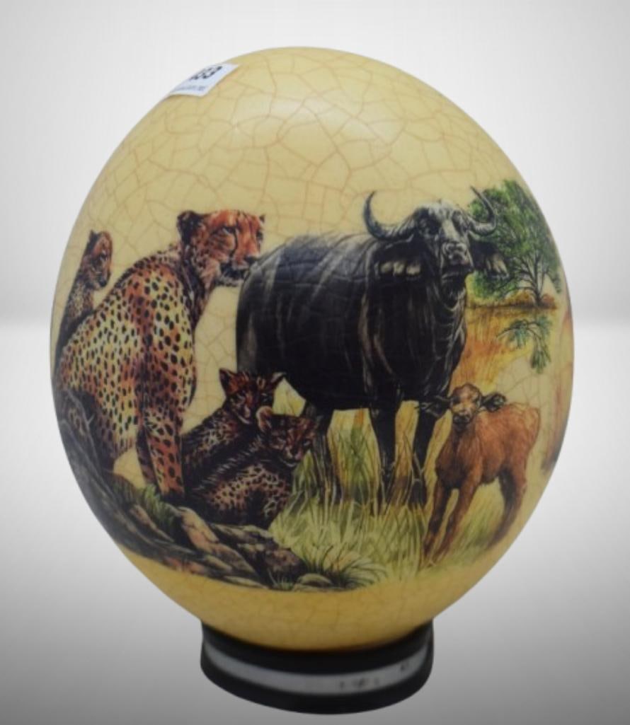 African Art decoupage 6" ostrich egg, South African Art Safari scenes, mounted on impala horns stand (1 of 14)