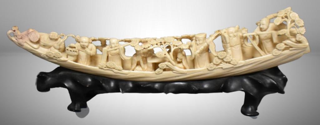 Chinese hand carved ivory 14.5"l boat w/ interesting figures and floral design on stand (1 of 11)