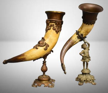 (2) 19th Century Victorian Baroque drinking horns: 1-copper base, 16"; 1-spelter figural base, 18" -: (2) 19th Century Victorian Baroque drinking horns: 1-copper base, 16"; 1-spelter figural base, 18" - unique items!; ; Items as pictured