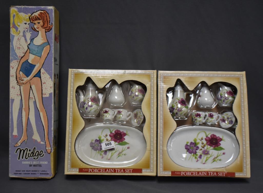 Midge (Barbie's Best Friend) by Mattel, original box; (2) Child's porcelain tea sets, original boxes (1 of 12)