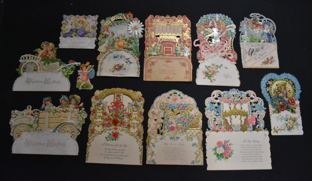 Box lot assortment of Victorian valentines, many fold-outs and larger sizes: Box lot assortment of Victorian valentines, many fold-outs and larger sizes; ; Items as pictured
