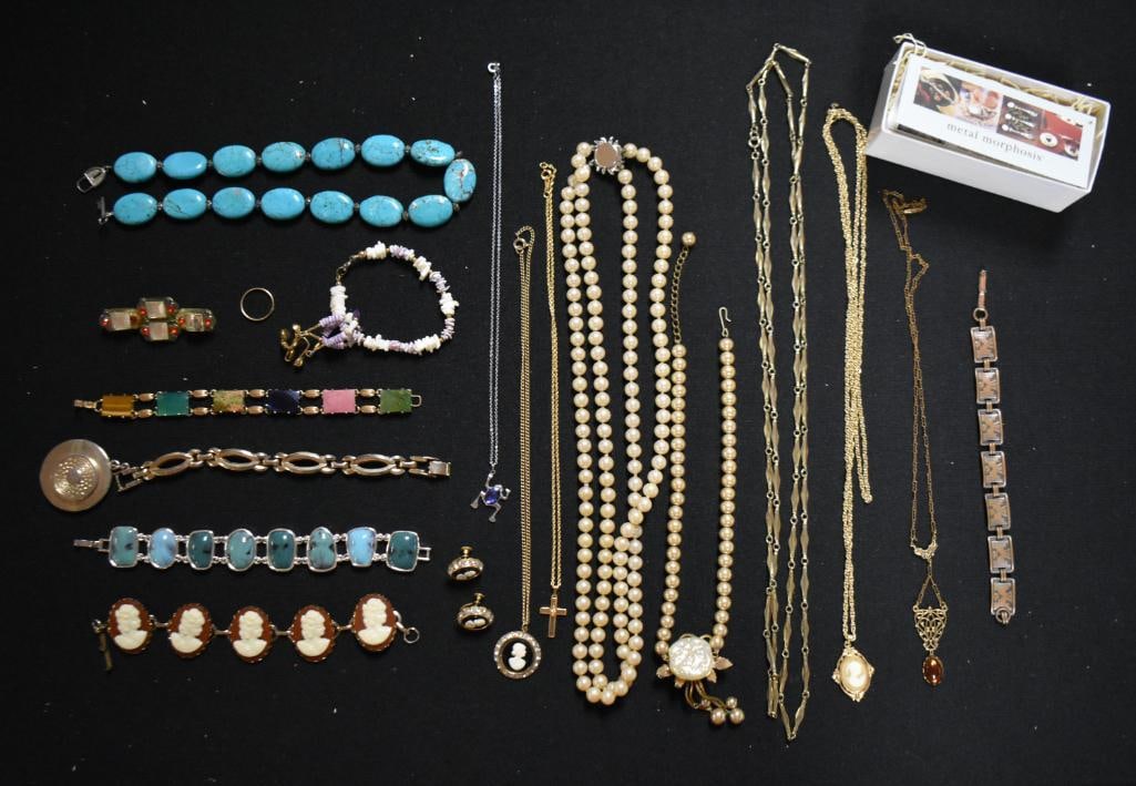 Box lot assortment of jewelry incl. few Cameos, turquoise stones necklace, etc. (1 of 11)