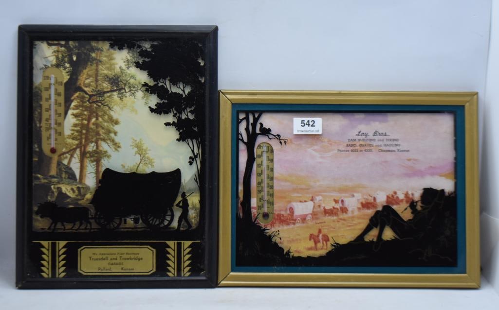(2) Kansas Advertising western themed thermometers: Lay Bros Sand, Gravel and Hauling, Chapman; (1 of 11)